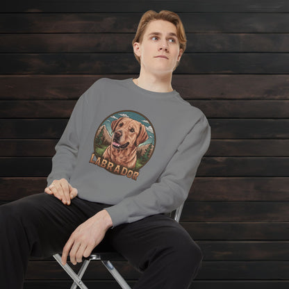 Man posing in a grey unisex garment-dyed crewneck sweatshirt featuring Labrador Retriever artwork and comfortable everyday design.