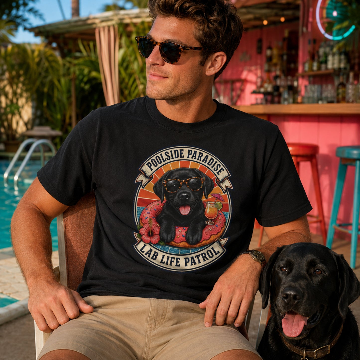 Poolside Paradise T-Shirt | Black Labrador Puppy Pool Float Tee | Pet Print Lab
