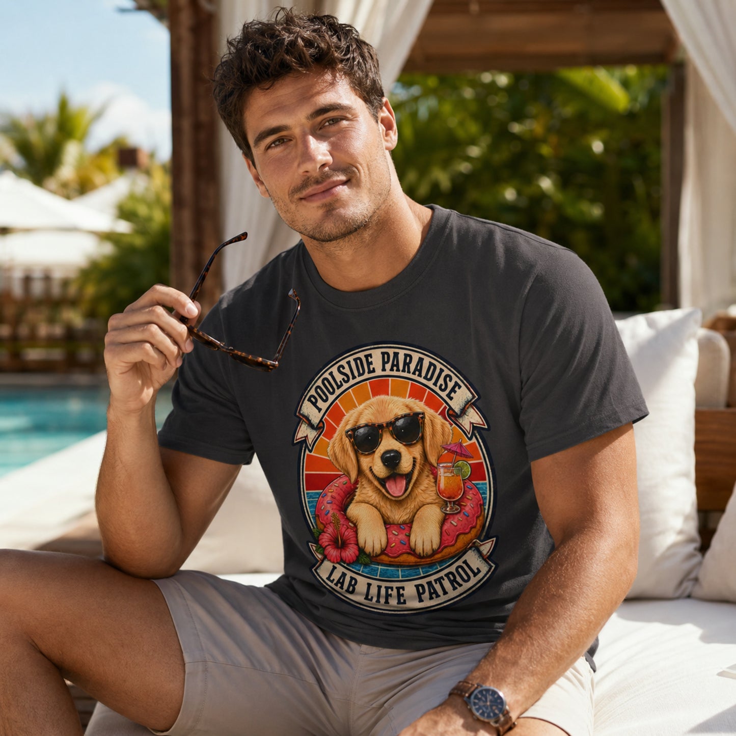 Poolside Paradise T-Shirt | Golden Retriever Puppy Pool Float Tee | Pet Print Lab