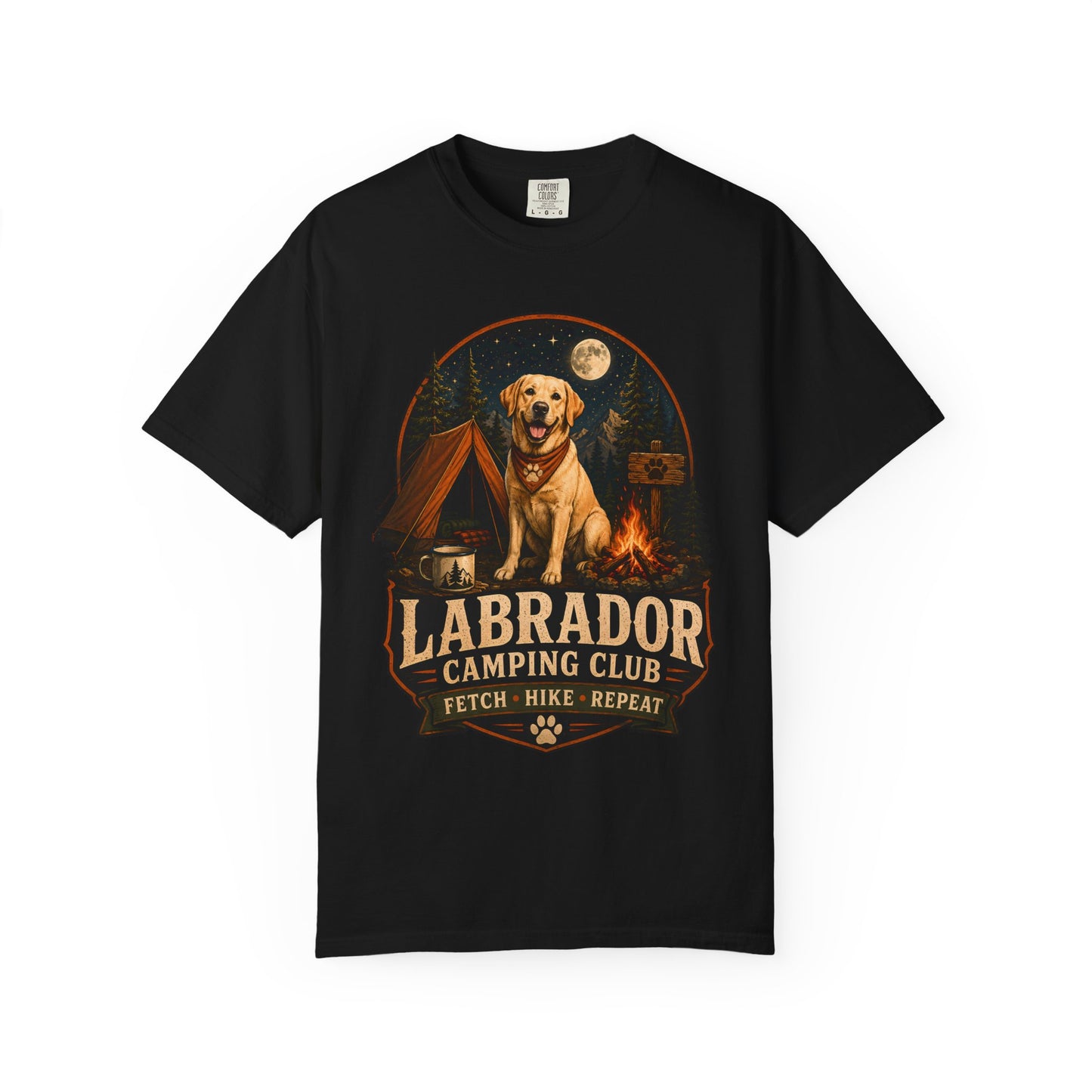 Labrador Camping Club T-Shirt — "Fetch • Hike • Repeat" Dog Lover Tee