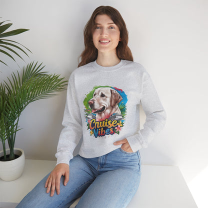 Woman wearing an ash unisex heavy blend crewneck sweatshirt featuring colorful Labrador “Cruise Vibes” artwork and comfortable styling.