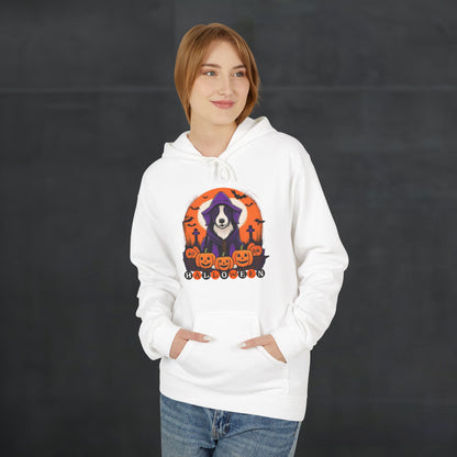 Woman wearing a white Halloween hoodie featuring a spooky dog in a purple hooded costume with pumpkins, bats, and Halloween lettering, cozy festive dog lover hoodie mockup with casual autumn fashion style.