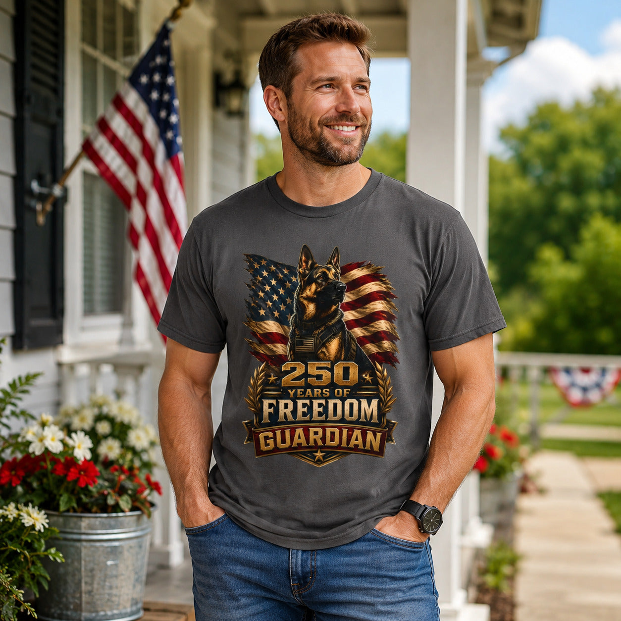 T-Shirt — "250 Years of Freedom" Guardian K9 American Flag Tee