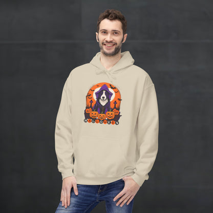 Man wearing a sand-colored Halloween hoodie featuring a spooky dog in a purple hooded costume with pumpkins, bats, and Halloween lettering, cozy festive dog lover hoodie mockup with casual autumn fashion style.