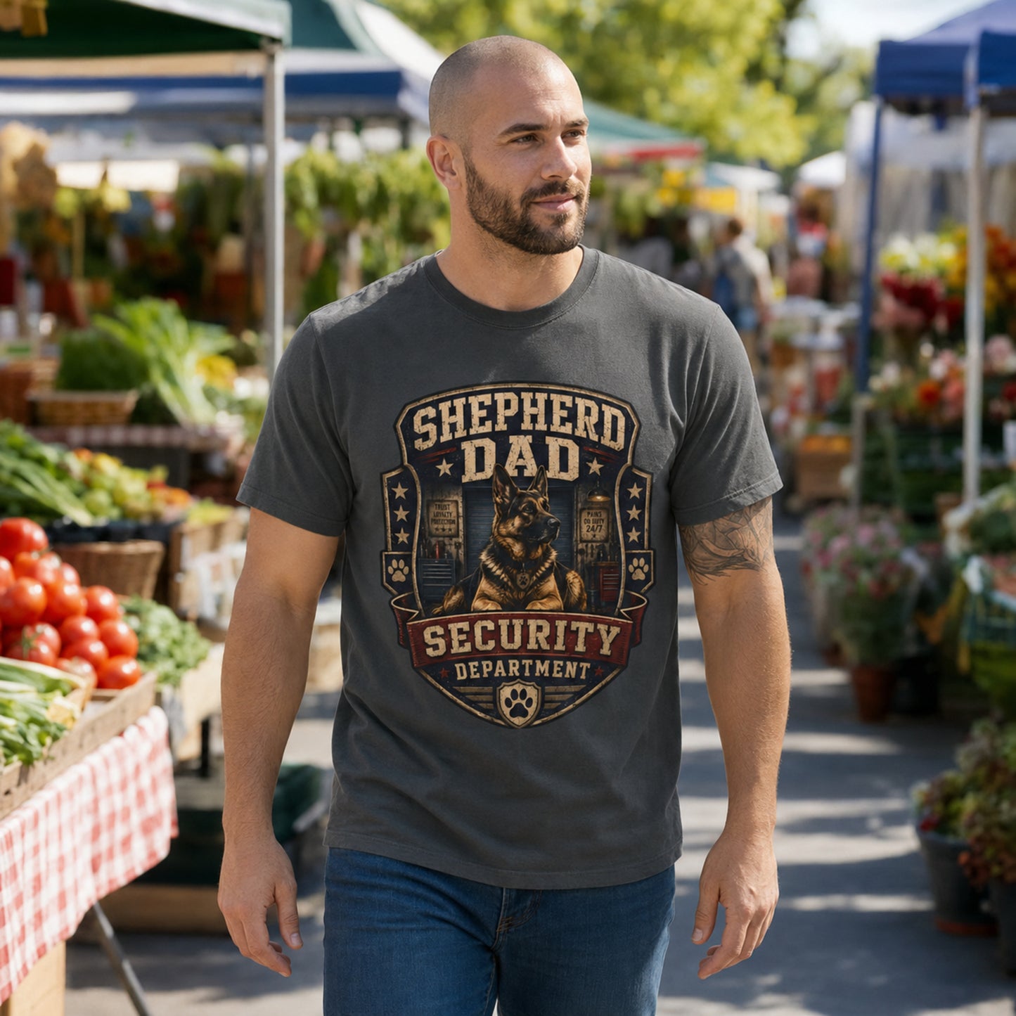 Model wearing a graphite Shepherd Dad Security Department t-shirt with a German Shepherd in a lifestyle scene