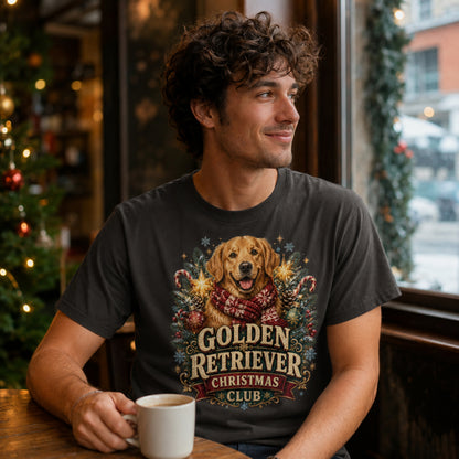 Model wearing a graphite Christmas Club t-shirt with a Golden Retriever in a Christmas scene