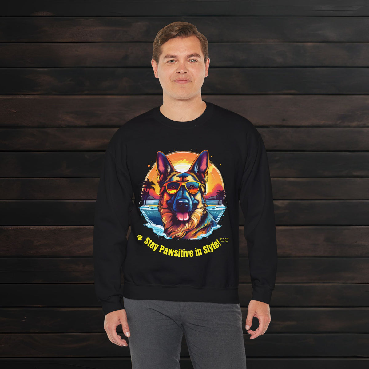 Man wearing a black unisex heavy blend crewneck sweatshirt with bold German Shepherd graphic and relaxed everyday fit.