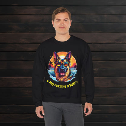 Man wearing a black unisex heavy blend crewneck sweatshirt with bold German Shepherd graphic and relaxed everyday fit.
