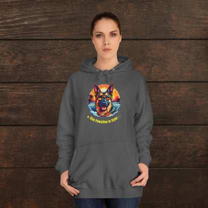 Woman modeling a steel grey unisex college hoodie with colorful dog lover graphic and cozy casual fit.