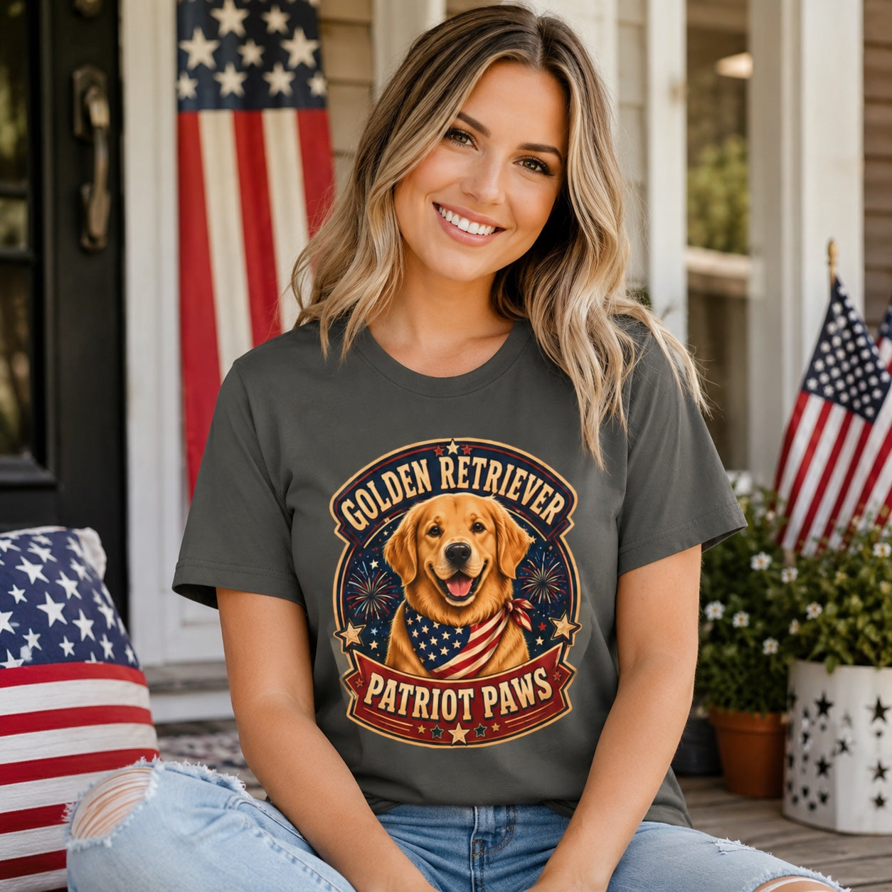 Model wearing a pepper Golden Retriever Patriot Paws t-shirt with a Golden Retriever wearing a flag bandana on a porch