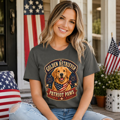 Model wearing a pepper Golden Retriever Patriot Paws t-shirt with a Golden Retriever wearing a flag bandana on a porch
