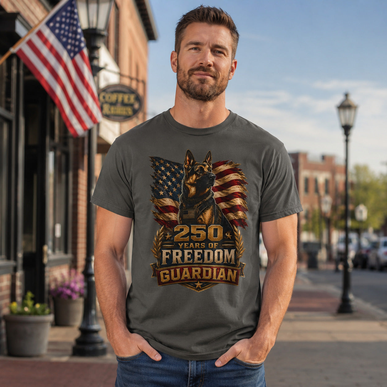T-Shirt — "250 Years of Freedom" Guardian K9 American Flag Tee