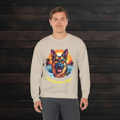 Man posing in a sand unisex heavy blend crewneck sweatshirt with bold German Shepherd graphic and cozy everyday comfort.