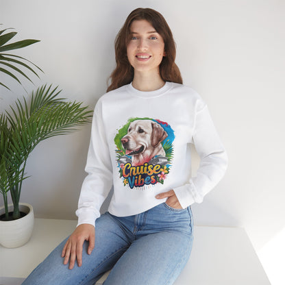 Woman posing in a white unisex heavy blend crewneck sweatshirt featuring colorful Labrador “Cruise Vibes” design and cozy casual look.