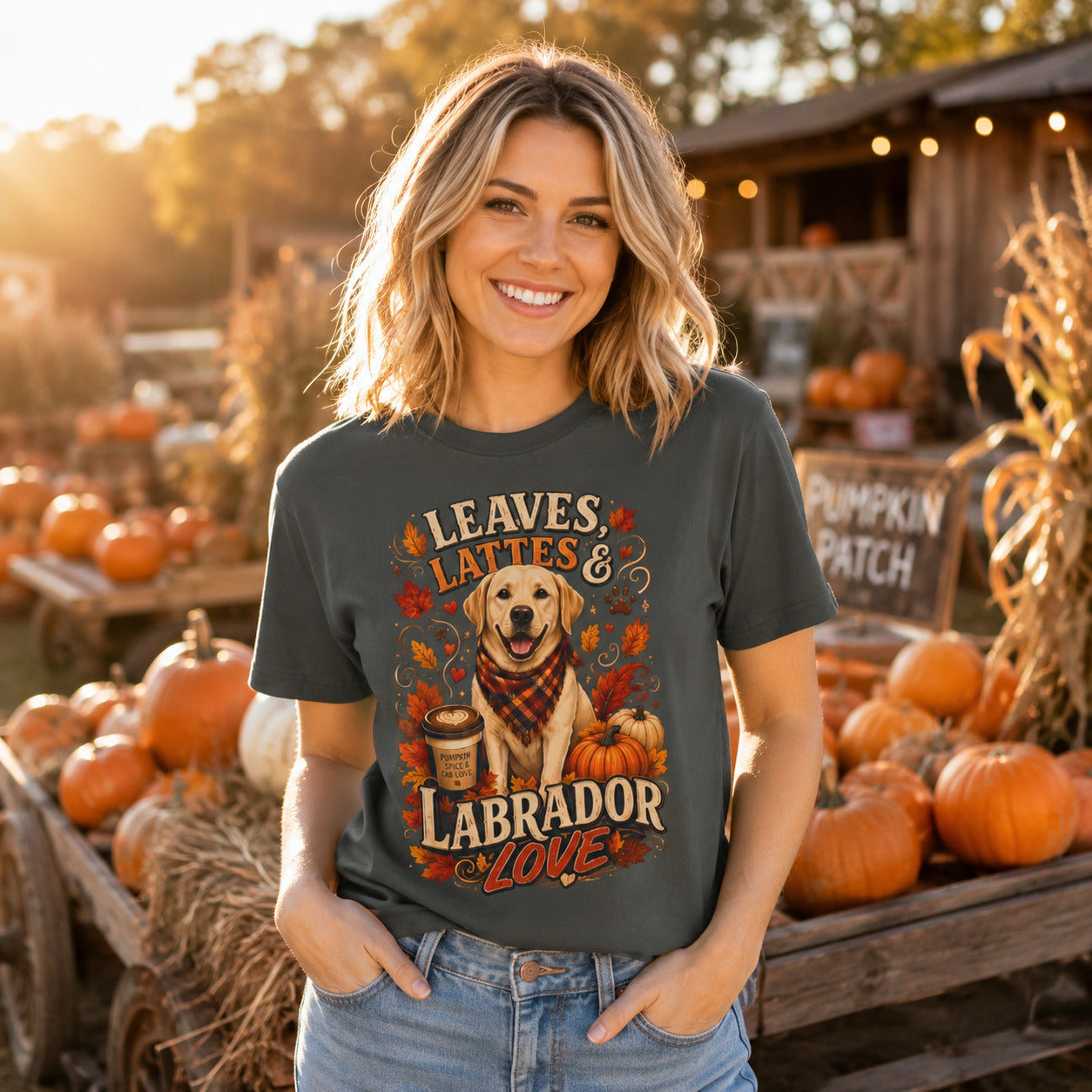 Woman wearing pepper Labrador Love fall t-shirt at a pumpkin patch stand