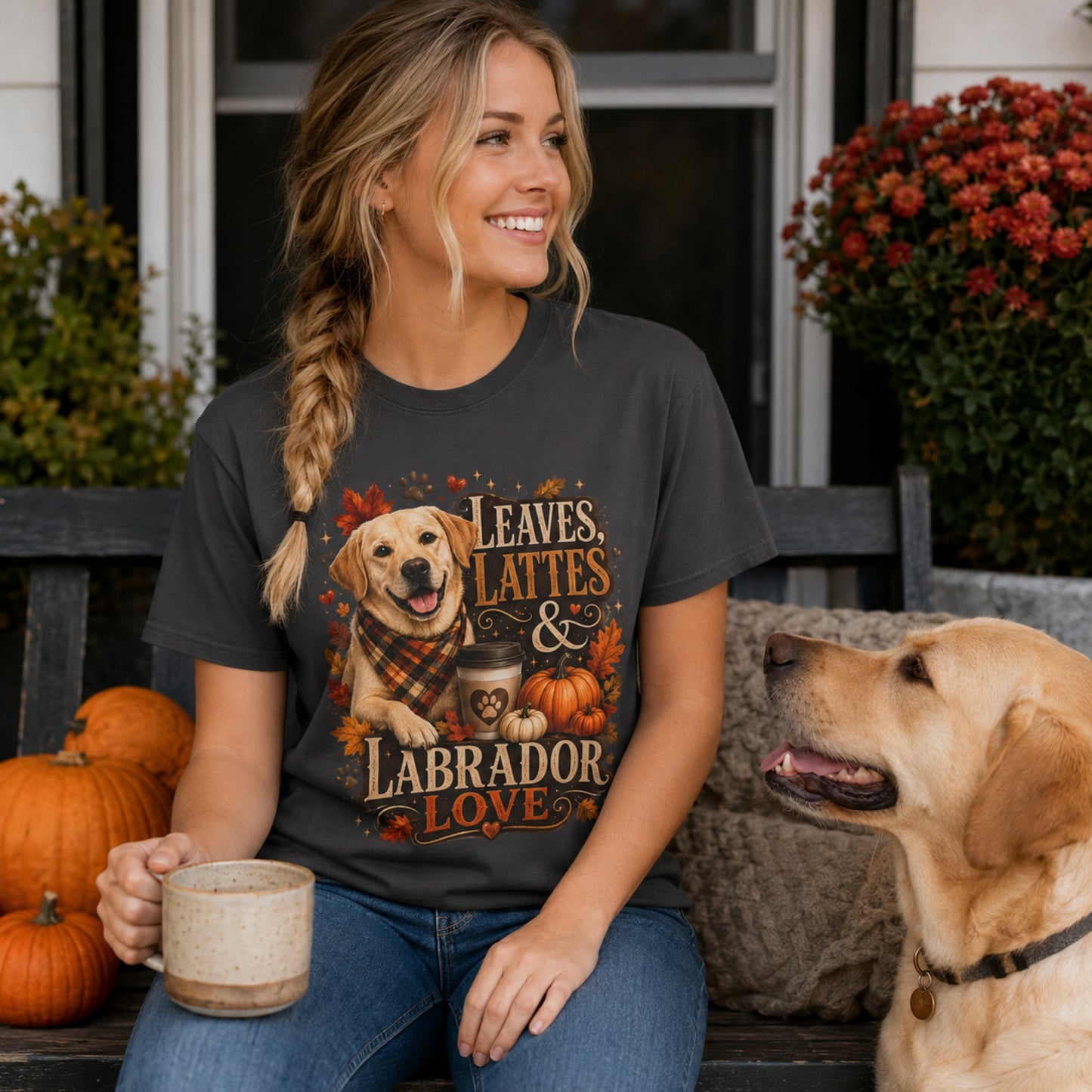 Model wearing a graphite Leaves Lattes & Labrador Love t-shirt with a Labrador in an autumn scene