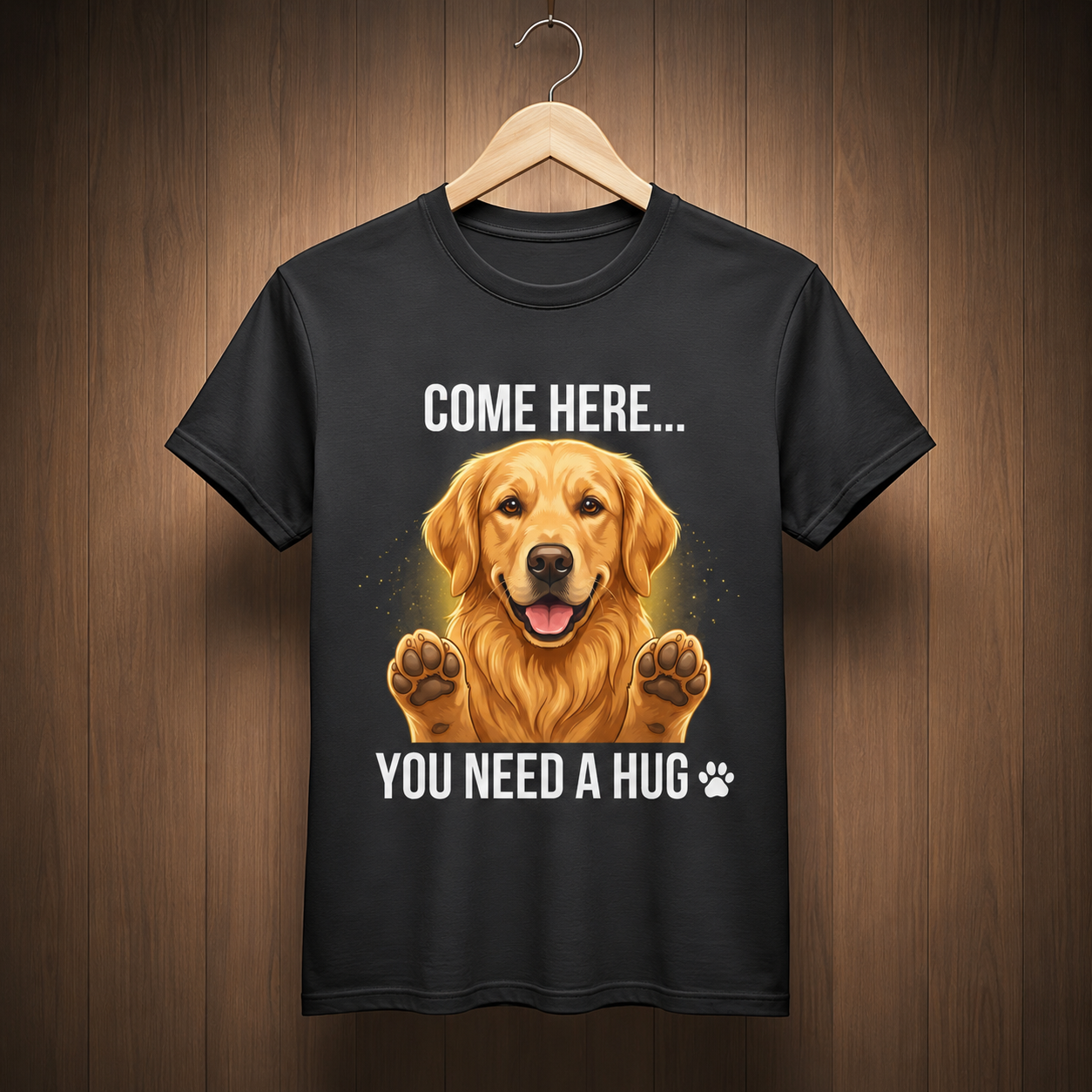 Black Golden Retriever dog lover T-shirt hanging on a wooden hanger featuring the quote “COME HERE… YOU NEED A HUG,” premium graphic tee mockup with warm rustic wood background, stylish pet lover apparel display, high-quality ecommerce product presentation for dog lovers.