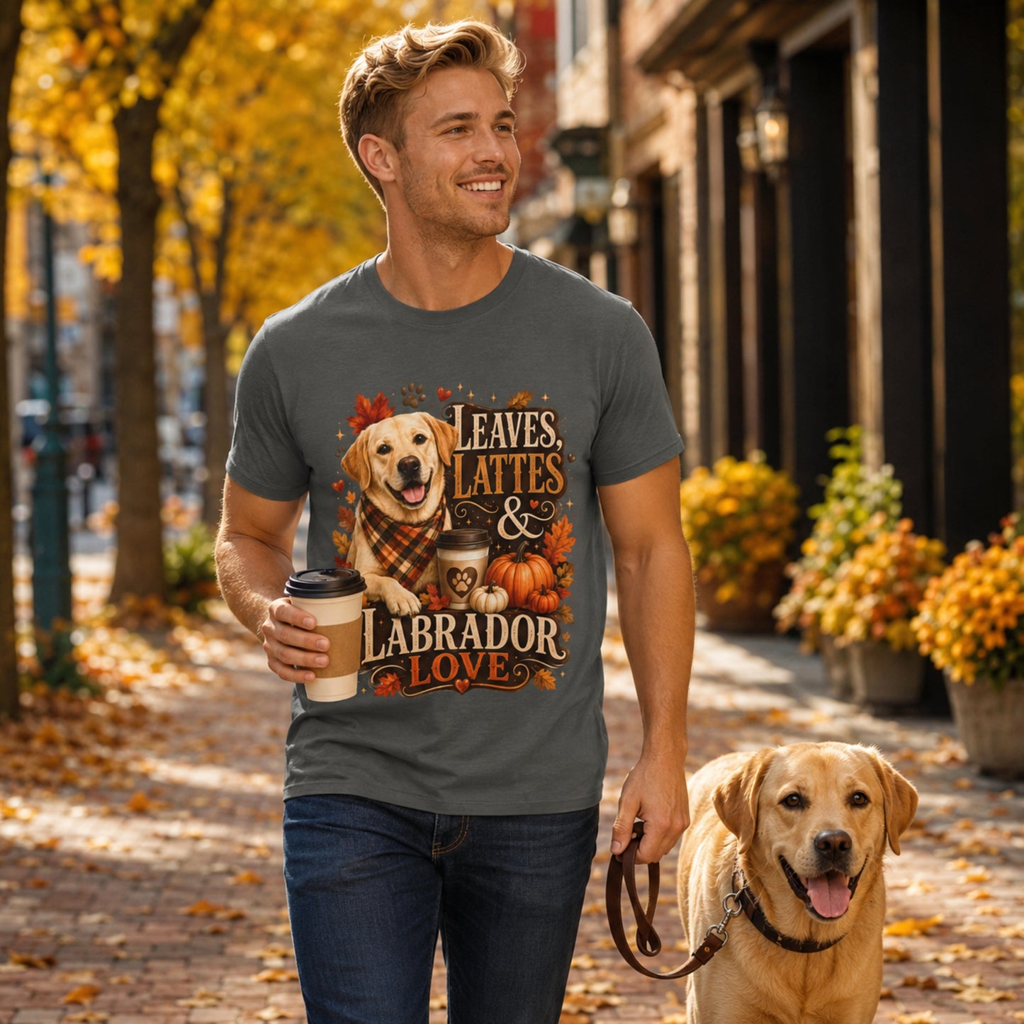 Labrador Fall T-Shirt | Leaves & Lattes Autumn Dog Tee | Pet Print Lab