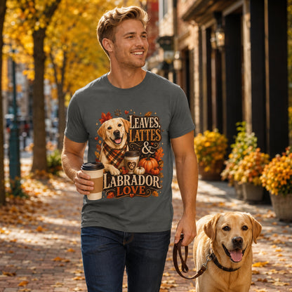 Model wearing a pepper Leaves Lattes & Labrador Love t-shirt with a Labrador in an autumn scene