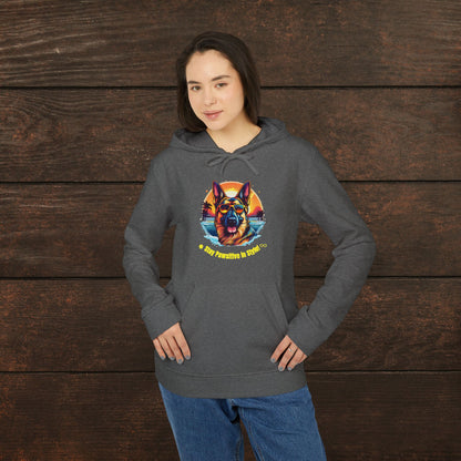 Woman modeling a dark grey heather adidas unisex fleece hoodie featuring colorful German Shepherd artwork and dog lover graphic design.