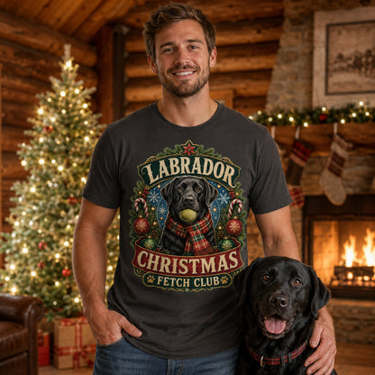 Model wearing a graphite Fetch Club t-shirt with a Labrador in a Christmas-themed scene