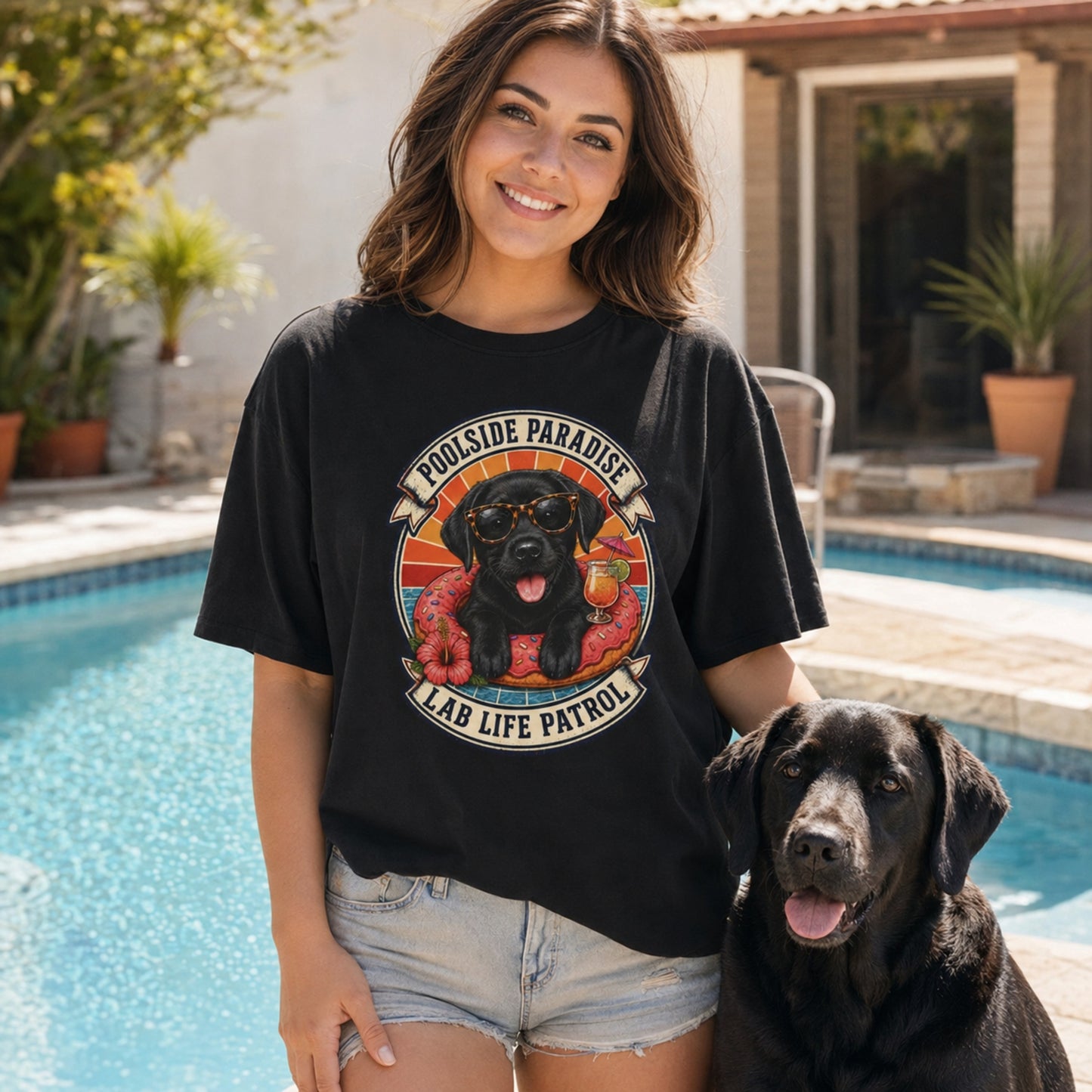 Poolside Paradise T-Shirt | Black Labrador Puppy Pool Float Tee | Pet Print Lab
