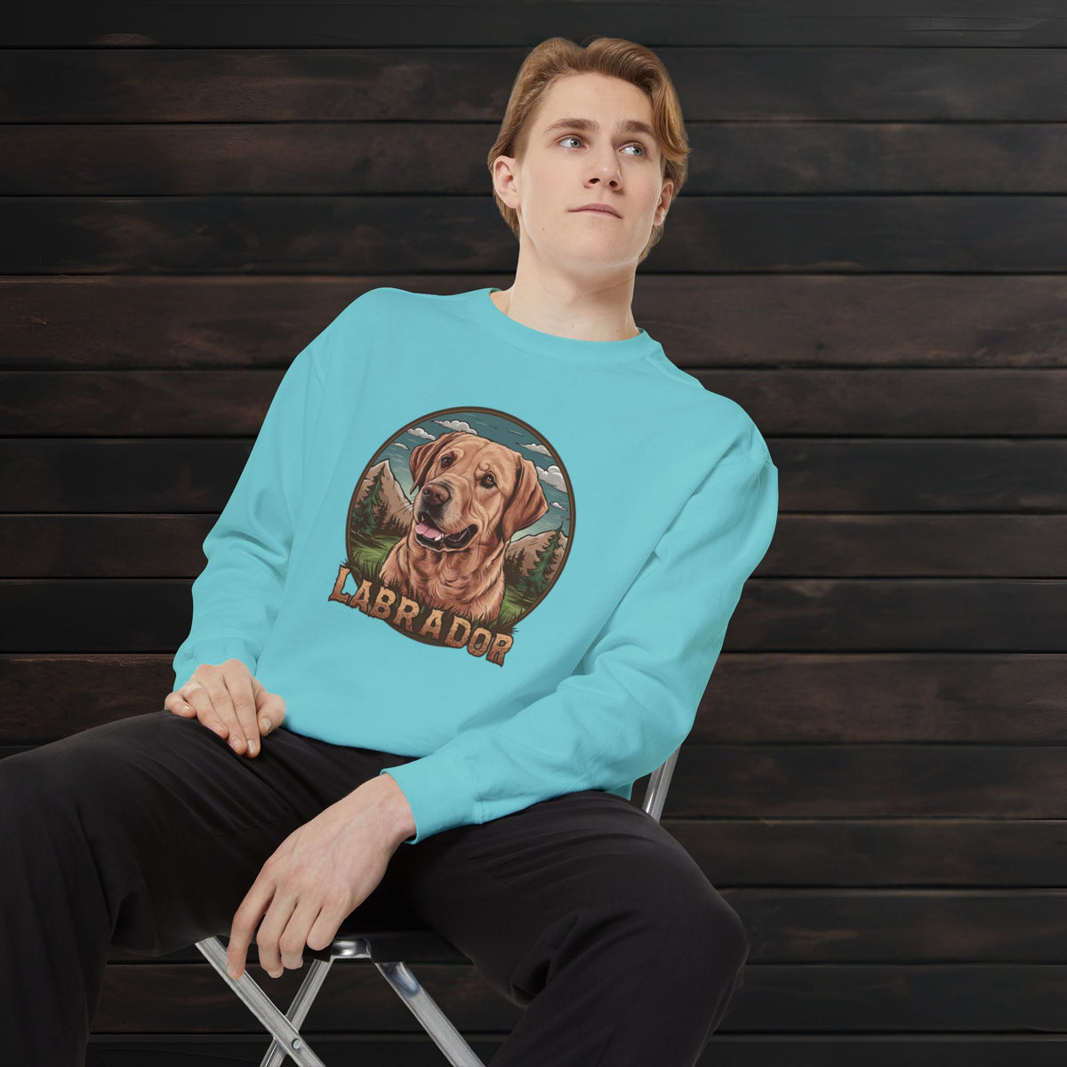 Man posing in a chalky mint unisex garment-dyed crewneck sweatshirt featuring Labrador Retriever graphic and casual dog lover design.