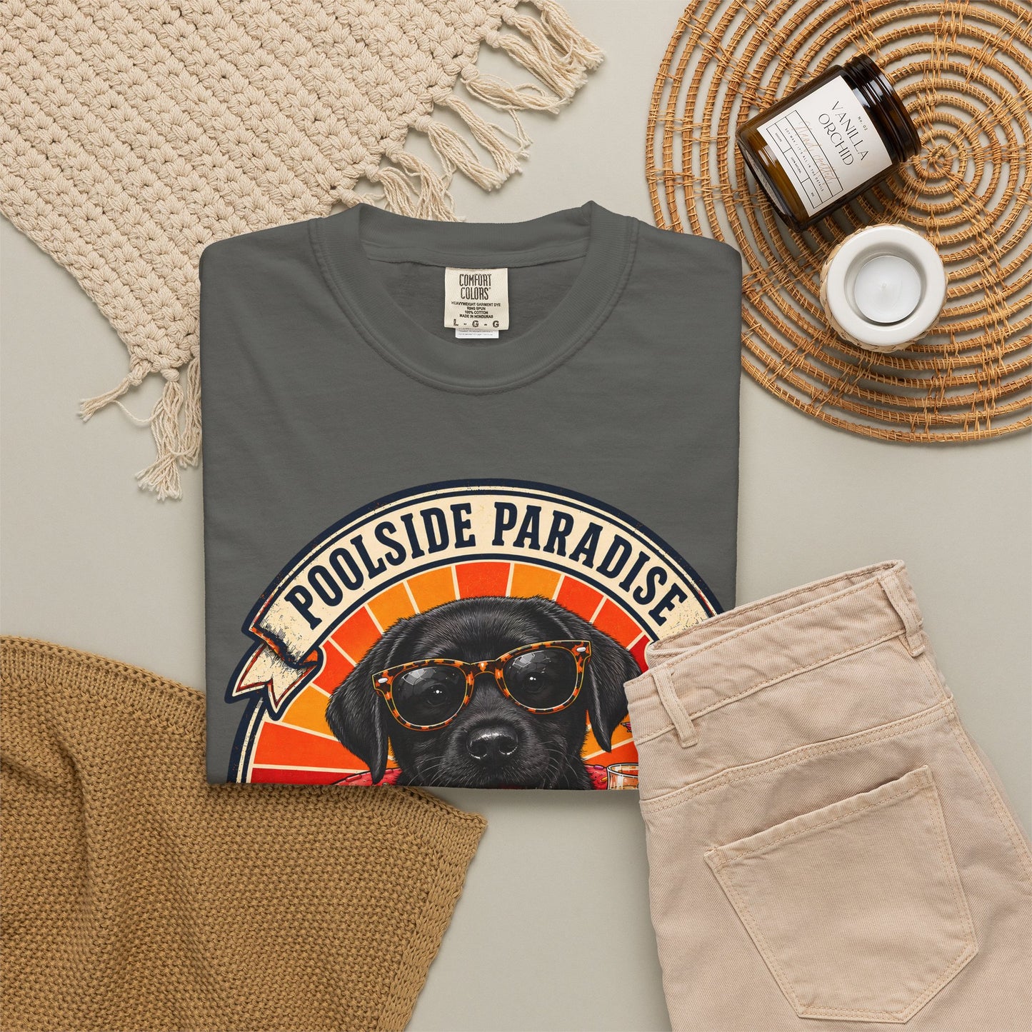 Poolside Paradise Lab Life Petrol - Black Labrador Unisex Garment-Dyed T-shirt