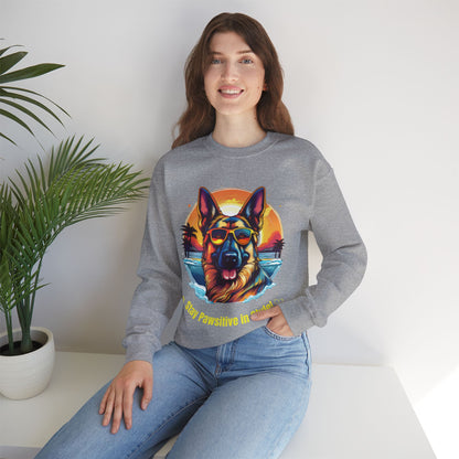 Woman posing in a sport grey unisex heavy blend crewneck sweatshirt featuring colorful German Shepherd graphic and cozy casual style.