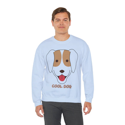 Man modeling a light blue unisex heavy blend crewneck sweatshirt with playful dog lover graphic and relaxed fit.