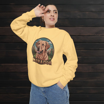 Woman posing in a butter yellow unisex garment-dyed crewneck sweatshirt with Labrador dog illustration and relaxed casual fit.