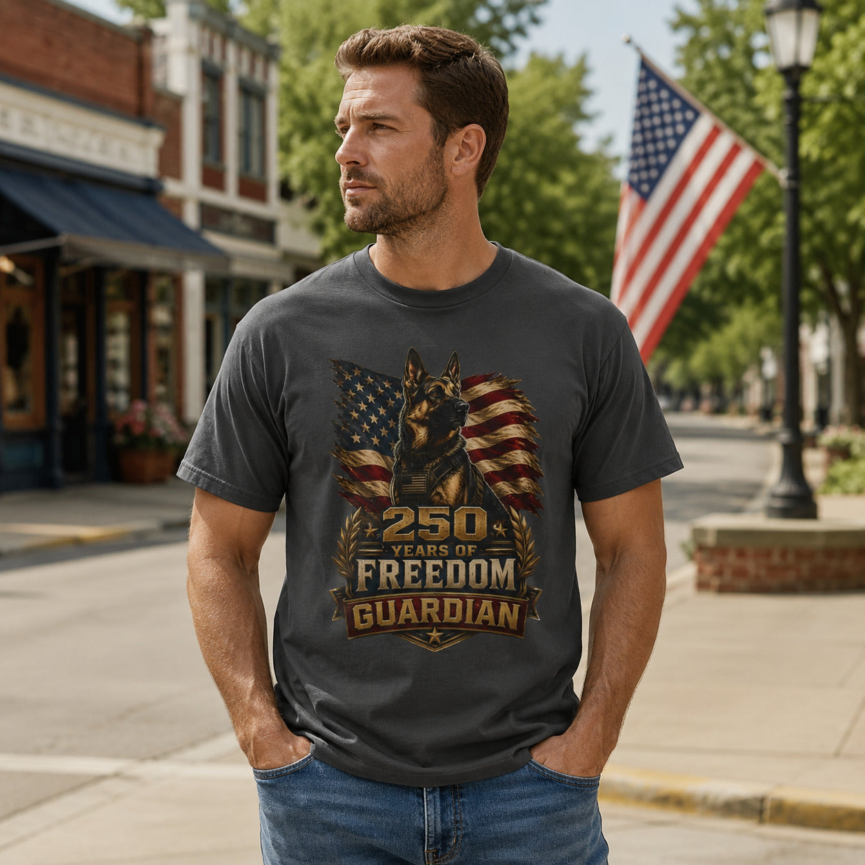 T-Shirt — "250 Years of Freedom" Guardian K9 American Flag Tee
