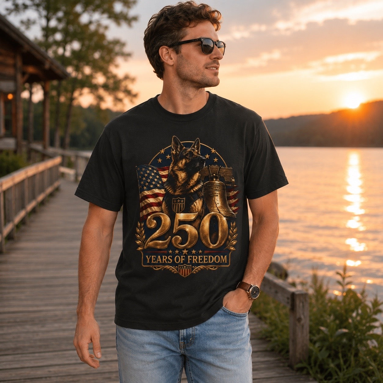250 Years of Freedom Patriotic T-Shirt — American Flag, Liberty Bell & K9 Tribute
