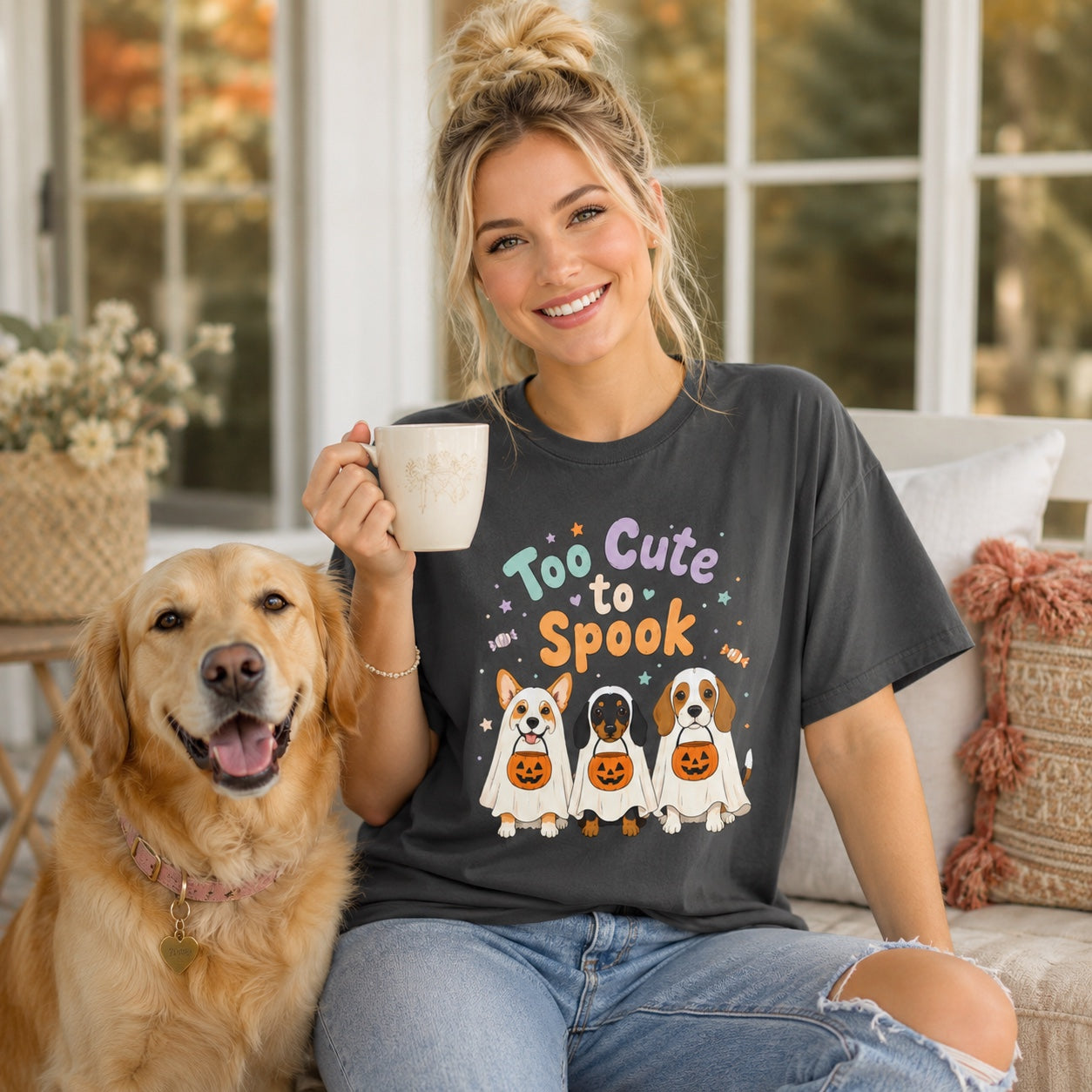Too Cute to Spook Halloween T-Shirt | Funny Ghost Pup Dog Tee | Pet Print Lab