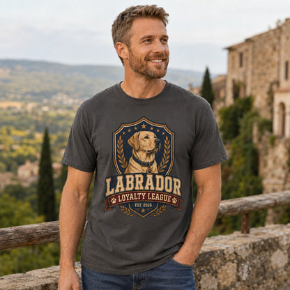 Model wearing a graphite Labrador Loyalty League t-shirt with a Labrador in a lifestyle scene