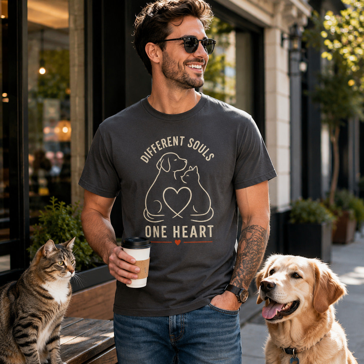 Different Souls One Heart T-Shirt | Dog & Cat Lover Tee | Pet Print Lab