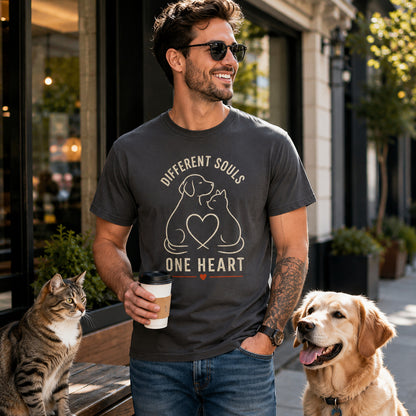 Model wearing a graphite Different Souls One Heart t-shirt with a dog and cat in a lifestyle scene