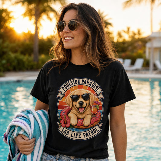 Poolside Paradise T-Shirt | Golden Retriever Puppy Pool Float Tee | Pet Print Lab