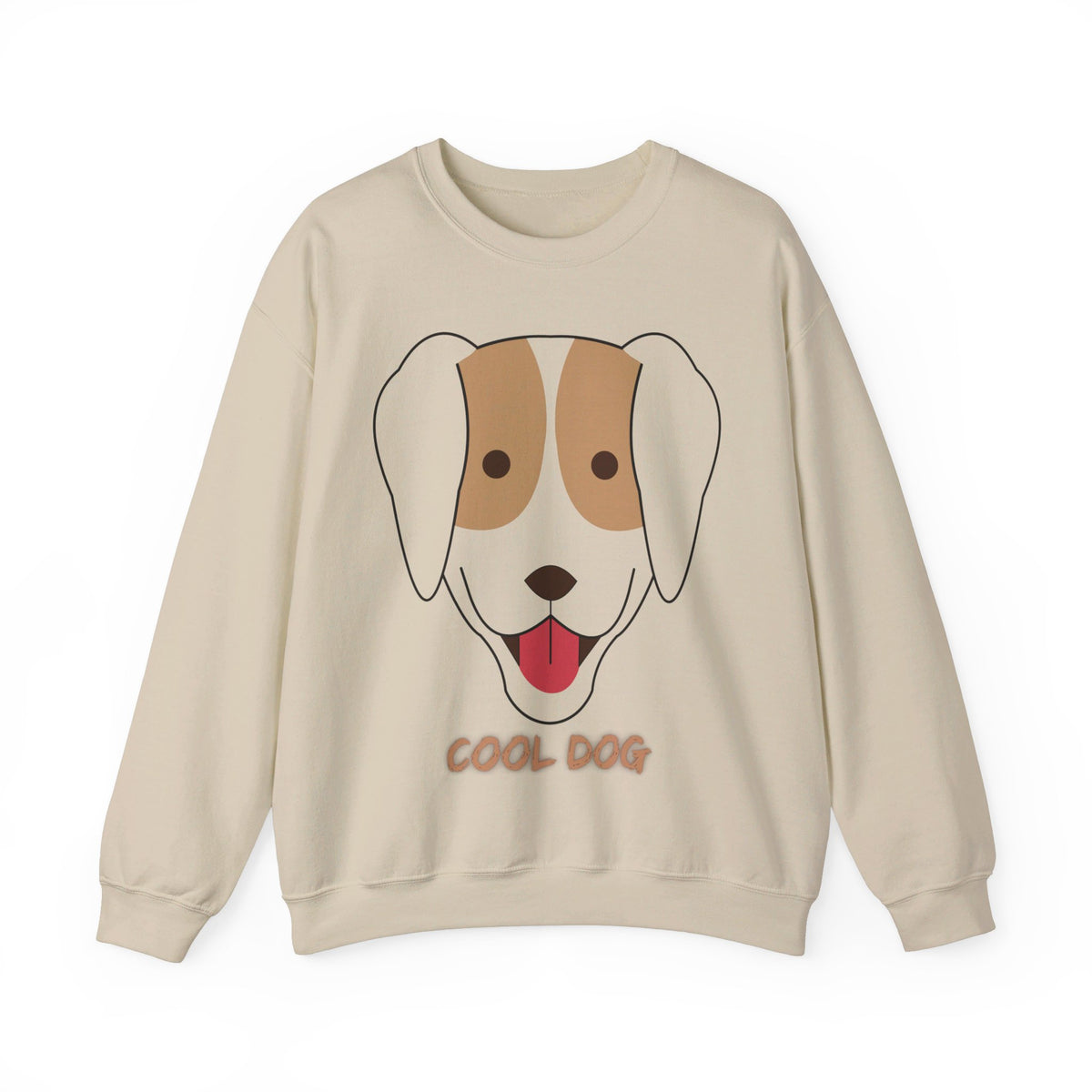 Flat lay product image of a sand unisex heavy blend crewneck sweatshirt featuring minimalist “Cool Dog” dog artwork and cozy fleece material.