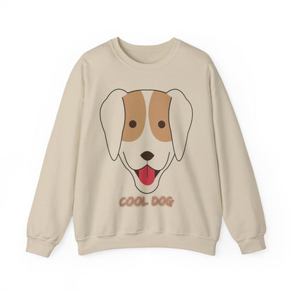 Flat lay product image of a sand unisex heavy blend crewneck sweatshirt featuring minimalist “Cool Dog” dog artwork and cozy fleece material.