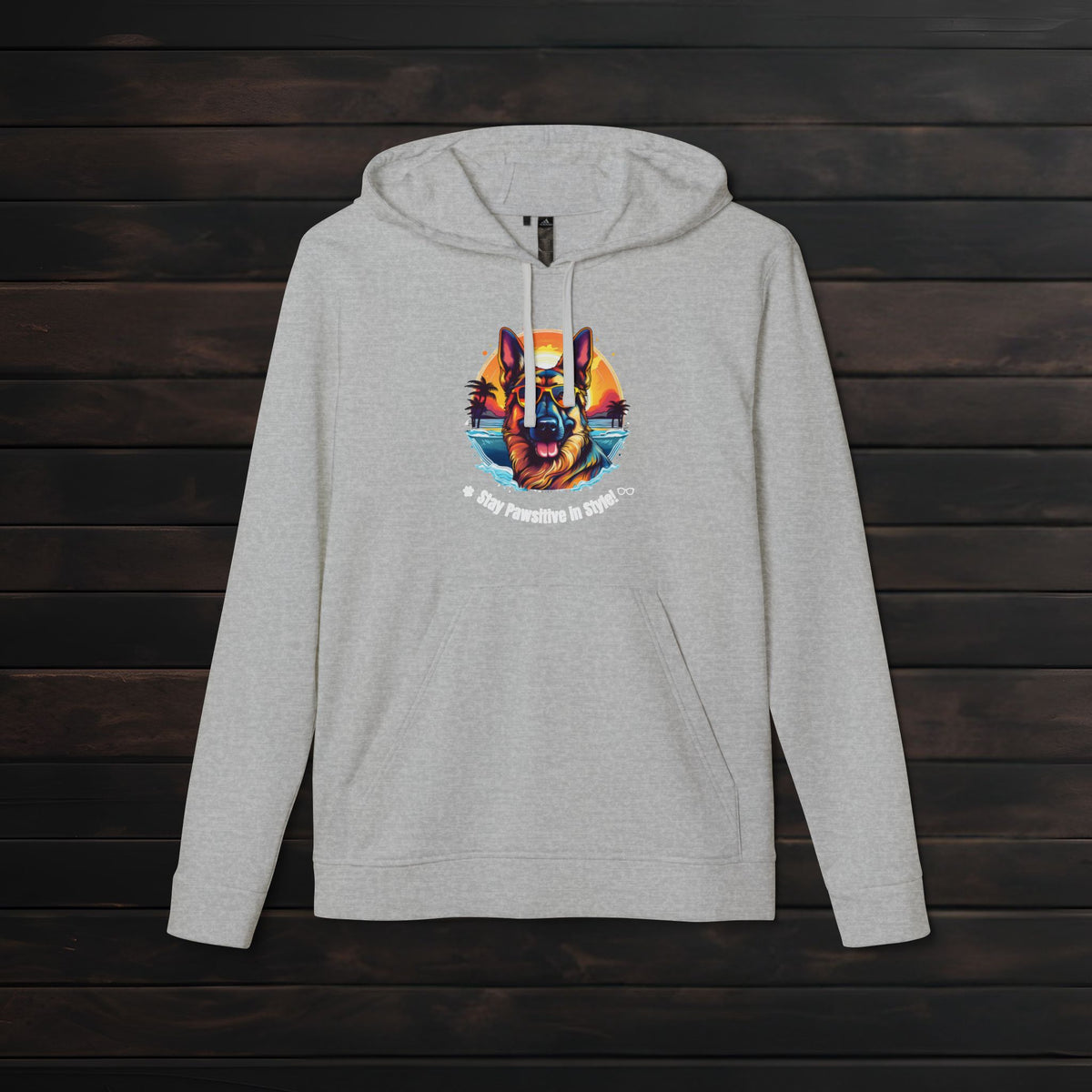 Grey Heather adidas® unisex fleece hoodie mockup featuring colorful dog artwork and “Stay Pawsitive in Style with PET PRINT LAB!” text.