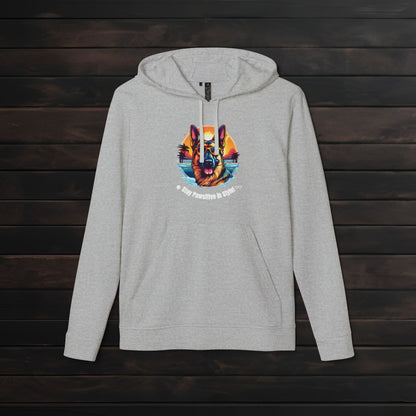 Grey Heather adidas® unisex fleece hoodie mockup featuring colorful dog artwork and “Stay Pawsitive in Style with PET PRINT LAB!” text.