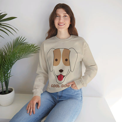 Woman modeling a sand unisex heavy blend crewneck sweatshirt featuring cute “Cool Dog” artwork and relaxed casual comfort fit.