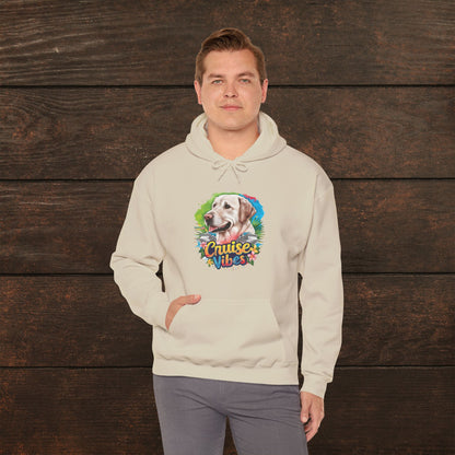 Man wearing a sand unisex heavy blend hooded sweatshirt featuring colorful Labrador dog artwork and playful cruise-themed design.