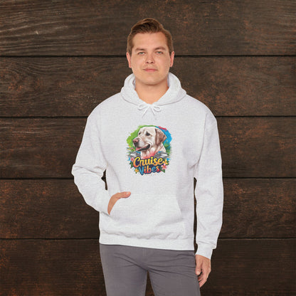Man wearing an ash unisex heavy blend hooded sweatshirt featuring playful Labrador “Cruise Vibes” artwork and colorful pet lover print.