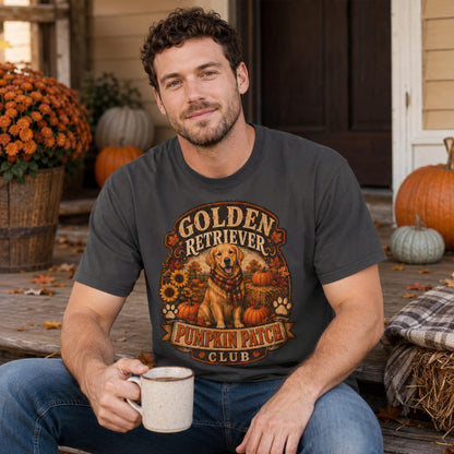 Model wearing a graphite Golden Retriever Pumpkin Patch t-shirt with a Golden Retriever at a pumpkin patch