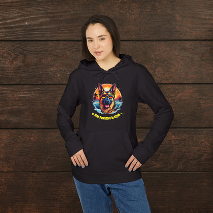 Woman posing in a black adidas unisex fleece hoodie featuring colorful German Shepherd artwork and retro-inspired dog lover theme.