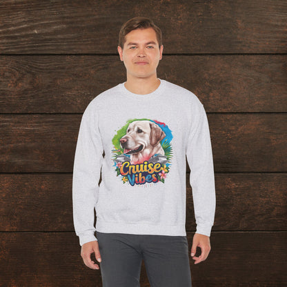 Man posing in an ash unisex heavy blend crewneck sweatshirt with vibrant Labrador graphic and casual everyday comfort.