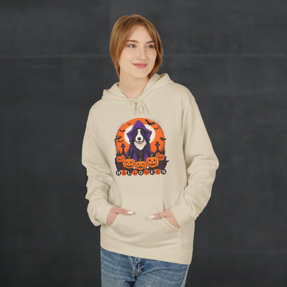 Woman wearing a sand-colored Halloween hoodie featuring a spooky dog in a purple hooded costume with pumpkins, bats, and Halloween lettering, cozy festive dog lover hoodie mockup with casual autumn style.