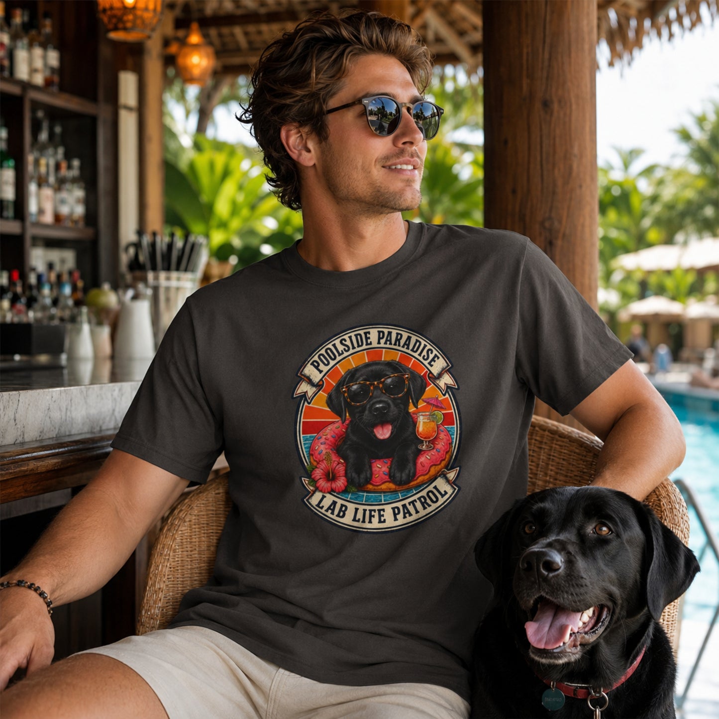 Poolside Paradise T-Shirt | Black Labrador Puppy Pool Float Tee | Pet Print Lab